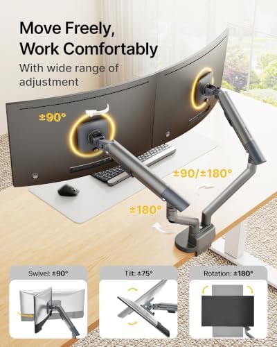 monTEK Aluminum Dual Monitor Arm for 17-40" Screens, 24.3 lbs Each, Gray