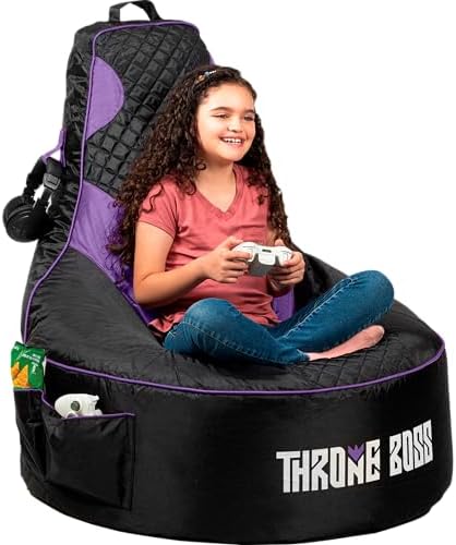 Gaming Bean Bag Chair Cover for Kids, High Back, Large Pockets, Purple