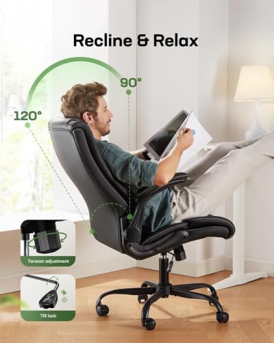 Marsail Executive Office Chair Ergonomic Desk Chair with Flip-up Armrests PU Leather Height-Adjustable Swivel Rolling Dark,Pack of 2
