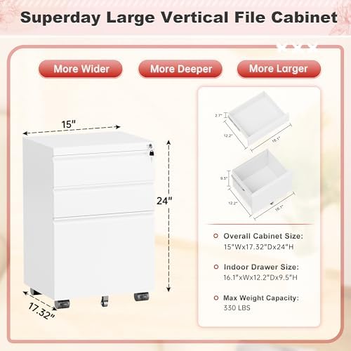 Superday White 3 Drawer Mobile Locking File Cabinet, Metal Rolling Vertical Filing Cabinet with Drawers, Small Under Desk File Cabinets for Office and Home, Fully Assemble