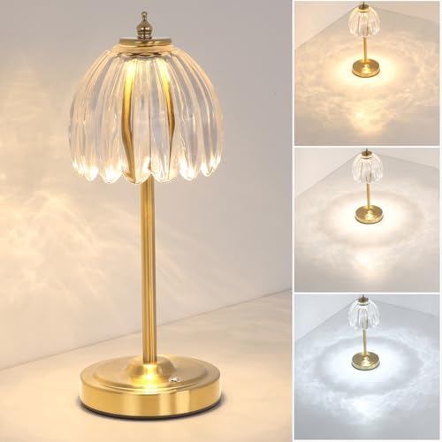 Shenmoyl Tulip Table Lamp with 5000mAh Battery & Touch Control, Cordless Table Lamp with 3 Colors, Dimmable Rechargeable Table Lamps for Bedroom, Nightstand, Living Room, Entryways (Transparent Tulip)