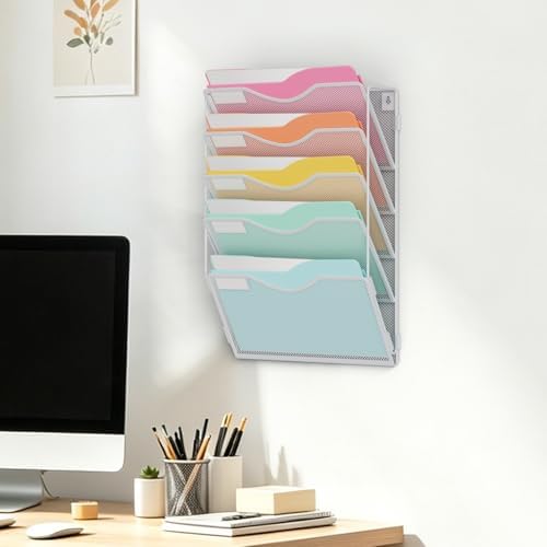 BOHDK Wall File Organizer, Hanging File Folder Organizer, Vertical Mesh Metal Door/Wall Mount Hanging File Holder. Paper Document Magazine Rack with Hooks for Home Office Black (5 Pockets White)