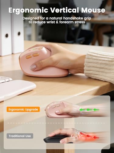SABLUTE Ergonomic Keyboard and Vertical Mouse Bundle, Pink Wave Keyboard (2 AA Batteries powered) with Cushioned Wrist Rest and Pink Rechargeable Vertical Mouse, Wireless Aesthetic Desk Setup for Home