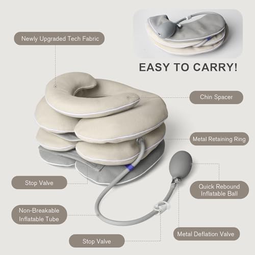 Neck Stretcher with Brace - Inflatable Cervical Traction Device for Neck Pain Relief, Adjustable Neck Support Pillow and Decompression Tool with 3+1 Chin Rest, Portable for Home, Office & Travel Use