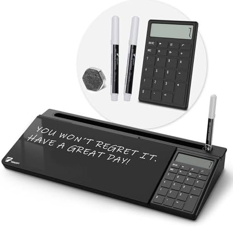 TOWON Glass Desk Whiteboard with Calculator 17x6 in, Desk Organizer, Black