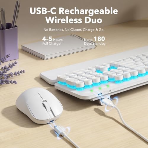 Wireless Keyboard and Mouse Combo, Magnetic Wrist Rest, Glowing White