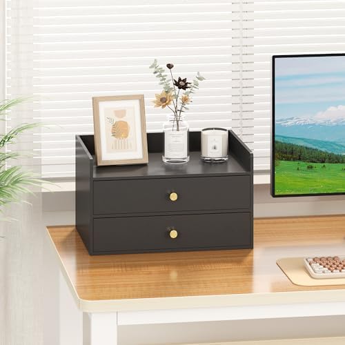 Bamboo Desk Organizer with Drawers,Wooden Desktop Storage(2 Drawers, Black)