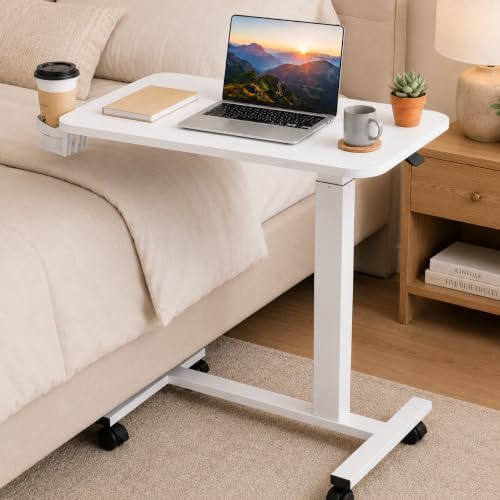 GTPLAYER Mobile Rolling Desk, Adjustable Height Laptop Table, 28 Inch White
