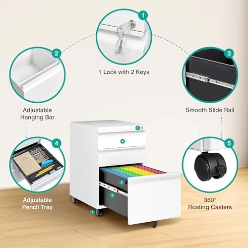 3 Drawer File Cabinet with Lock,Under Desk File Cabinet with Wheels,White Rolling Filing Cabinets,Three Drawer Metal Filing Cabinet for Home Office,Fit A4/Letter/Legal File,- Assembly Required