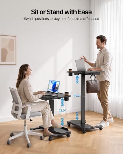 HUANUO 28" Mobile Standing Desk with Drawer and Charging Station