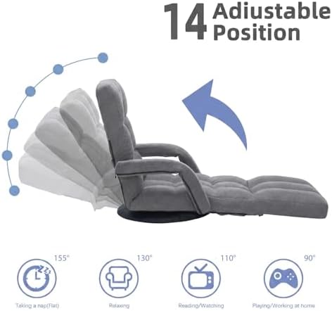 360° Swivel Floor Gaming Chair with Adjustable Footrest, 14-Position Folding Floor Lounger Sofa with Armrests, Reclining Floor Chair for Adults, Reading, Gaming & Relaxing (Grey)