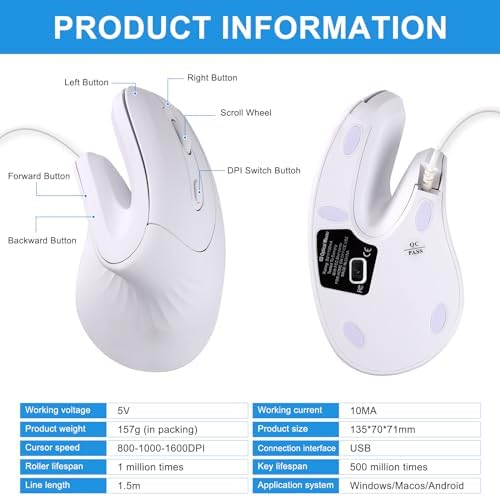 HXMJ-Vertical Mouse Wired,USB Ergonomic Optical Mice,Silent Click,Right Handed-White