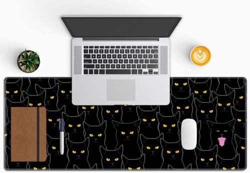 Cats Large Mouse Pad Desk Pad Black Desk Accessories for Women Men Office Decor Laptop Keyboard Mouse Mat XL Mousepad 31.5''X11.8'' Non-Slip Rubber Base with Stitched Edges
