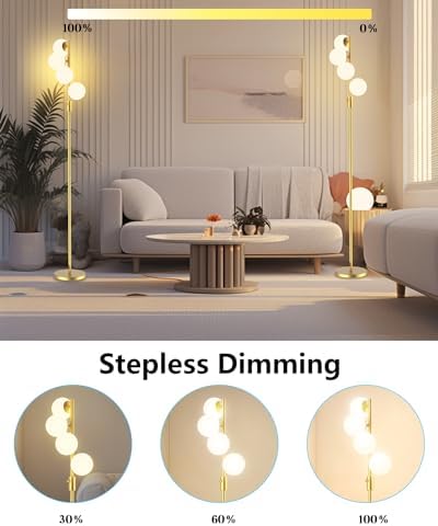 Mid Century Modern 4 Globe Gold Floor Lamp, Dimmable Standing Lamp with 3000K Warm White Bulbs Included, Tall Ambient Floor Lamp for Living Room Bedroom Home Office Sofa Beside Corner Decor