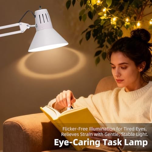 White Desk Lamp with Clamp, Extra-Tall Adjustable Metal Swing Arm, 3000K