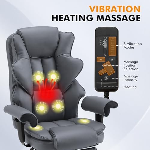 HOMREST 6-Point Massage Executive Chair, Heated Office Chair, Ergonomic Home Office Desk Chairs with Retractable Footrest & Adjustable Armrest, Leather Computer Chair with Reclining Function, Grey