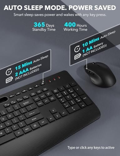 Wireless Keyboard and Mouse Combo - Full-Sized, Ergonomic Wrist Rest
