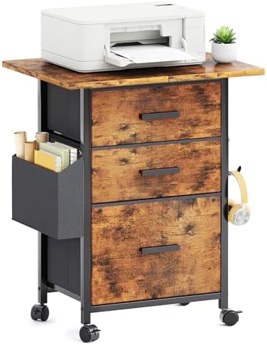 Mexin 3 Drawer File Cabinet with 22'' Extended Desktop, Mobile Filing Cabinet, Printer Stand, Rolling Printer Stand with Side Bag, Fabric Drawer, Fits A4 Size, Home Office,Rustic Brown