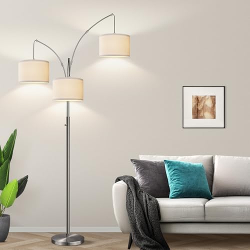 Dimmable Floor Lamp, 3 Lights Sliver Arc Floor Lamp, Modern Tall Standing Tree Lamp with White Linen Shades & Heavy Base, 3000LM LED Bulbs, Bright Lighting for Living Room, Bedroom, Office & Reading