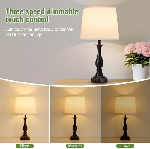 Bedside Table Lamp Touch Control Bedroom Lamps with USB A + C Charging Port 3 Way Dimmable Touch Lamps for Nightstand Living Room Bedroom Dorm Home Office Reading, Set of 2 (White Shade & Black Base)