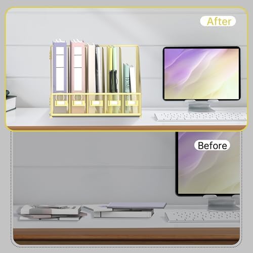 SUPEASY Desk Organizers Metal Desk Magazine File Holder with 5 Vertical Compartments Rack File Organizer for Office Desktop, Home Workspace, Gold Plus