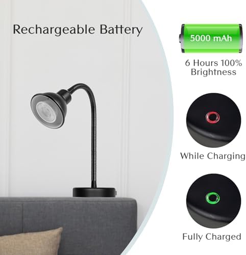 Solfres Innovative Design Rechargeable Headboard Reading Light. No Drilling Book Light for Bedtime Reading. Dimmable LED Lamp with Bulb. Movable & Flexible, Black
