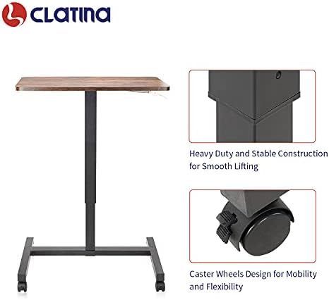 CLATINA Mobile Laptop Desk Pneumatic Sit to Stand Table Height Adjustable Rolling Cart with Lockable Wheels for Home Office Computer Workstation 28" x 19" Brown Round Edge Design Elegant