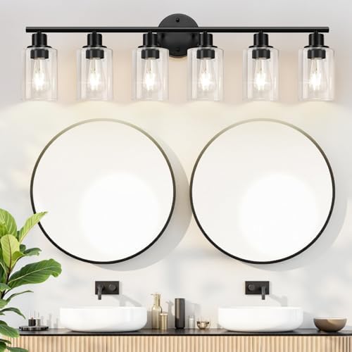 Zarbitta 6-Light Bathroom Light Fixtures, Black Modern Vanity Lights with Clear Glass Shade, Bathroom Wall Lamp for Mirror Kitchen Living Room Hallway Cabinet