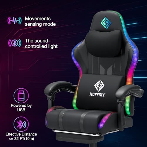 HOFFREE RGB Gaming Chair with Speakers Music Rhythm Lights Game Chair-Grey