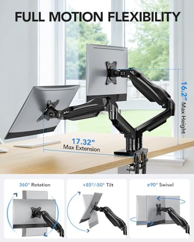 HUANUO FlowLift™ Dual Monitor Stand, Fully Adjustable Gaming Monitor Desk Mount for 13–30″ Computer Screens, Full Motion VESA 75x75/100x100 with C-Clamp & Grommet Base, Each Arm Holds 4.4 to 19.8 lbs