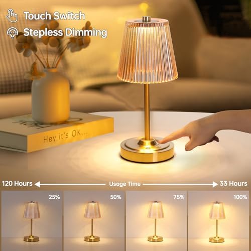 Shenmoyl Cordless Touch Table Lamp with 5200mAh Battery - 3 Adjustable Color Temperatures & Dimmable, Rechargeable Desk Lamp for Bedroom, Living Room, Office, Entryway, Bookshelves (Amber Stripe)