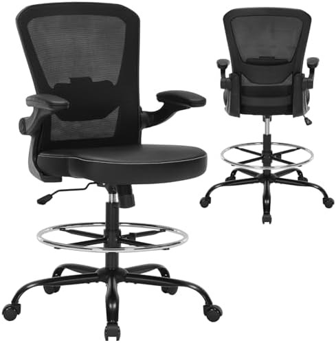Drafting Chair Tall Office Chair with PU Leather Seat, 400lbs Ergonomic Standing Desk Chair with Lumbar Support,Counter Stool with Adjustable Footrest Ring & Flip-up Armrests,Black
