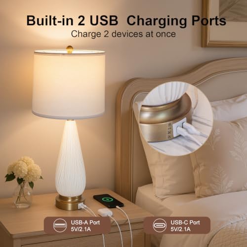 27.5" Translucent Ceramic Table Lamps Set of 2 with Night Light for Bedroom