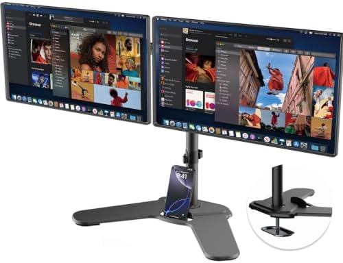 Suptek Free-Standing Dual Monitor Desk Mount, Full Motion Stand for 2 Monitors up to 32" 15.4lbs Each, Height Adjustable Swivel Tilt 360° Rotation, VESA Compatible with Phone Slot, Black