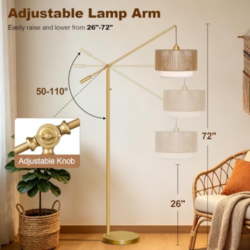 【Upgraded】Boho Dimmable Floor Lamps with Adjustable Swing Arm, 1100 Lumens Bulb Included, Modern Standing Lamp with Rattan & Fabric Shades, Farmhouse Tall Arc Floor Lamp for Living Room Bedroom, Gold