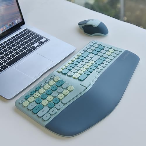 Wireless Ergonomic Keyboard and Mouse Combo with PU Wrist Rest, Carpal Tunnel Keyboard, 2.4G Colorful Split Ergo Keyboard, Comfortable Natural Typing, Compatible with PC/Laptop (Blue)
