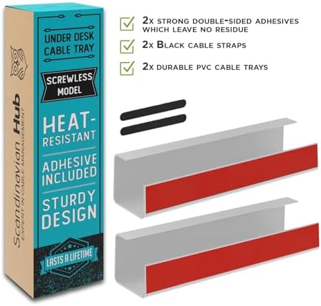 Scanfield Under Desk Cable Management Tray, No-Screw, 17-Inch, 2-Pack White