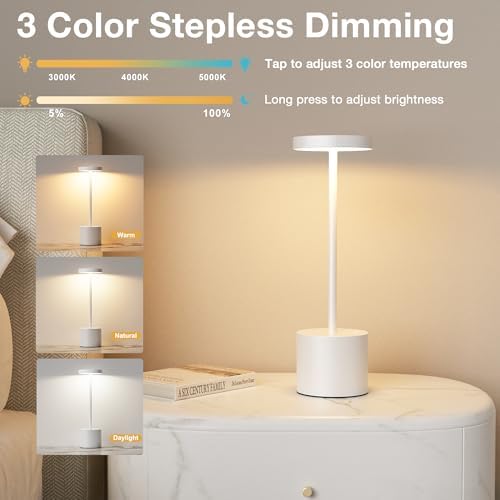 Kakanuo White Cordless Lamp Set, Rechargeable Lamp, 3 Color Temperature, LED Outdoor Wireless Lamps, Battery Operated Lamps, Stepless Dimmable, Touch Control