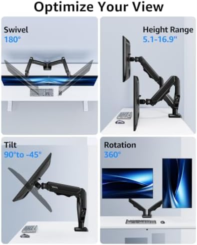 Dual Monitor Stand fits up to 32 inch, 4.4-19.8 lbs Computer Screens, Dual Monitor Desk Mount Height Adjustable, Monitor Arms for 2 Monitors, Home Office VESA Mounts, Freelift Black