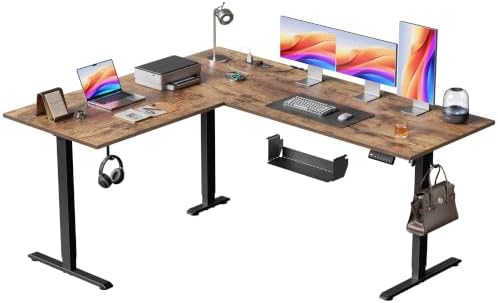 63 Inch L Shaped Electric Standing Desk, Corner Workstation, Rustic Brown