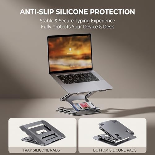 3-Tier Height-Adjustable Laptop Stand, All-Metal Dual-Bar Anti-Slip Heat-Dissipating Notebook Stand for MacBook Pro/Air (10-17"), Tablet, Gaming, Office, Home, Drawing - Gray