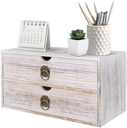Wood Desk Organizer, Vintage Brown Wooden Desktop Organizer with Drawer, Tabletop Storage Organization Box for Countertop, Home Office Supplies, Bills, 13.3 x 6.5 x 7 Inches(2 Drawer)