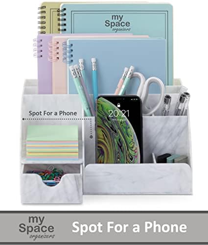 My Space Organizers Marble Desk Organizer For Office Supplies And Accessories - 9 Sections - Pencil Pen Holder Storage - Desktop Organization Decor Essentials (White Grey Marble)