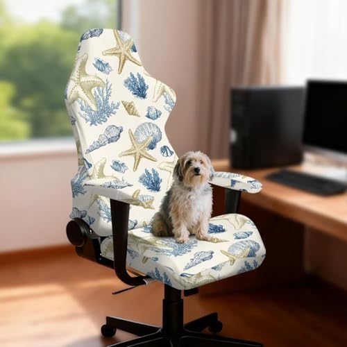 Starfish Seashell Coral Print Gaming Chair Cover with Armrest Covers Stretch Anti Dust Furniture Protector Washable Anti Slip Computer Chair Slipcover