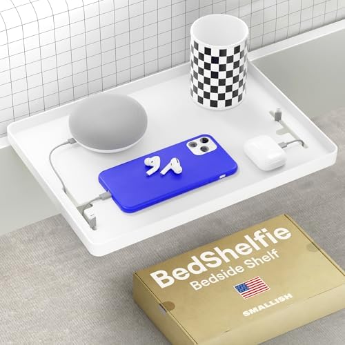 BedShelfie Bedside Shelf for Dorm Room - Cable Catch, White