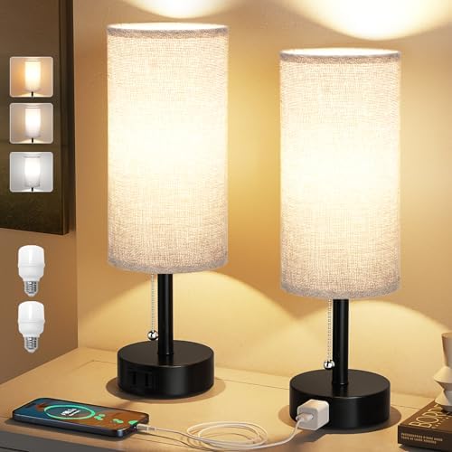 Grey Bedside Table Lamps Set of 2 - Bedroom Lamp for Desk, AC Outlet