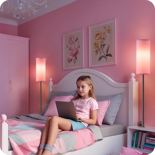 2 Pack Dimmable Pink Floor Lamps for Living Room with 2 Remotes and Foot Switch, Corner Floor Lamp, 64.4'' Standing Tall Lamp, 10W 900LM Bulb Included, 3000K-6500K, Linen Shade, FCC Listed P06LDP205W1