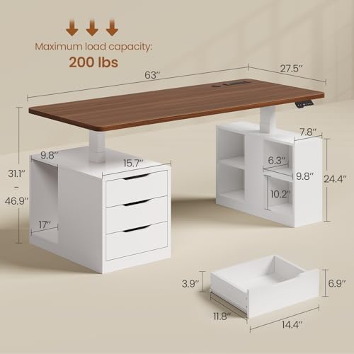 SEDETA 63" Modern Electric Standing Desk with 3 Drawers, Storage Shelves