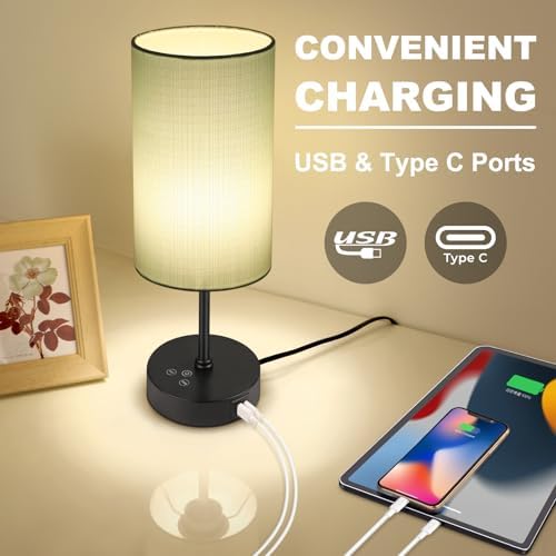 Unicozin Table Lamp for Bedroom, 3 Color Temperatures, 7 RGB Colors, Adjustable Brightness, Dual USB Charging Ports, Ambience Nightstand Light with Blue Shade, Desk Lamp for Kids Reading Home Office