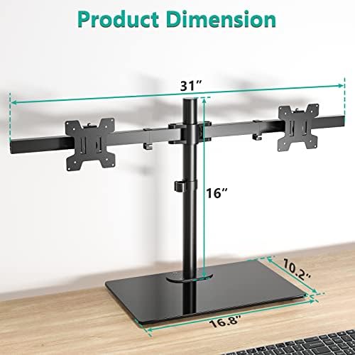 WALI Free Standing Dual Monitor Stand, Height Adjustable Monitor Mount with Glass Base, Fits LCD LED Flat Curved Screen up to 27 inch, 22lbs, with Grommet Base (GMF002)